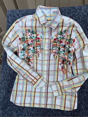 Paul & Joe Western Fitted Plaid Button-up with Floral Embroidery